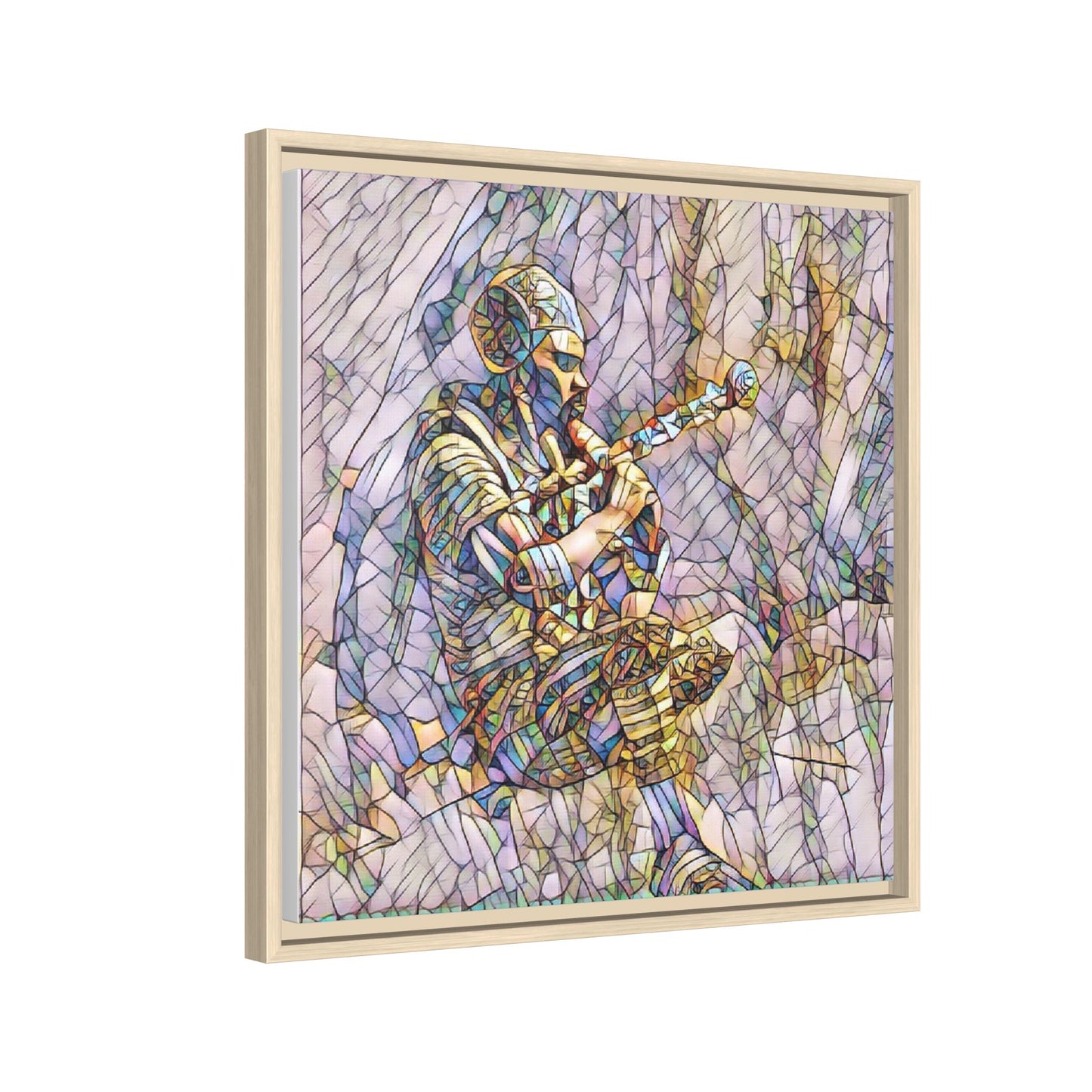 Celtic Piper Framed Matte Canvas — Stained-Glass Style Highland Bagpiper Art