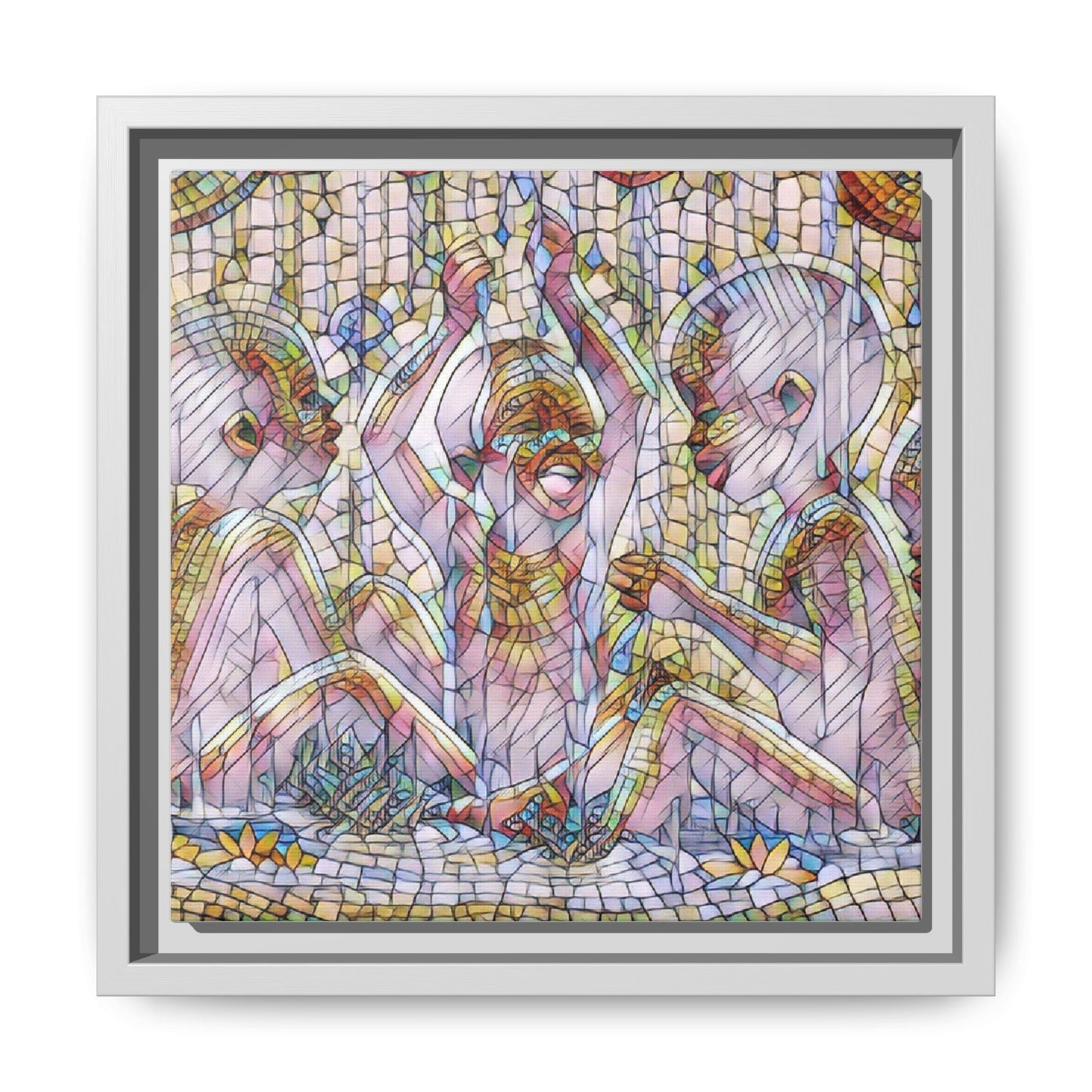 Framed Matte Canvas Art — Mosaic Children Playing (Multicolor)