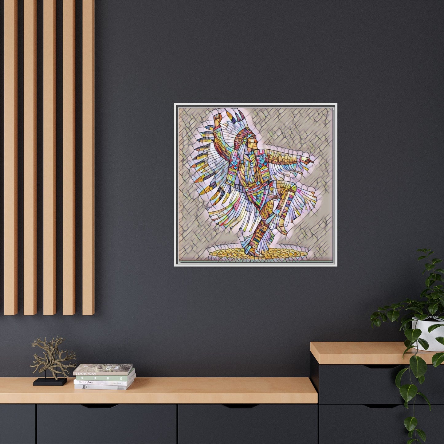 Colorful Native Dancer Framed Canvas Art — Stained Glass Style Wall Decor