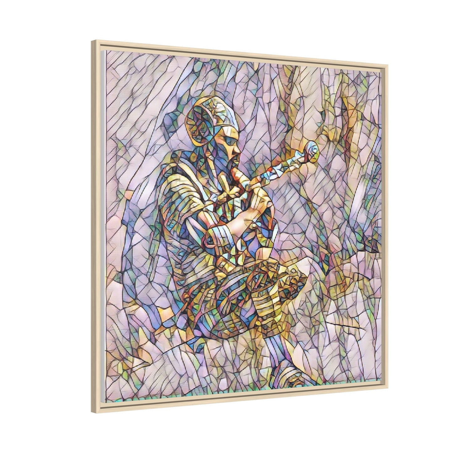 Celtic Piper Framed Matte Canvas — Stained-Glass Style Highland Bagpiper Art