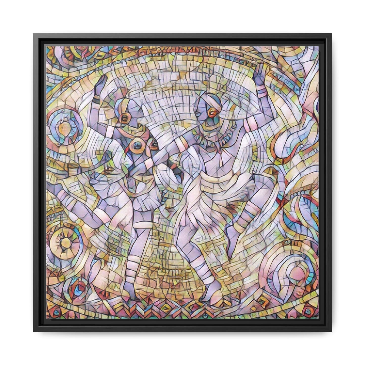 Abstract Dancers Matte Framed Canvas Wall Art — Multi‑Color Stained Glass Style