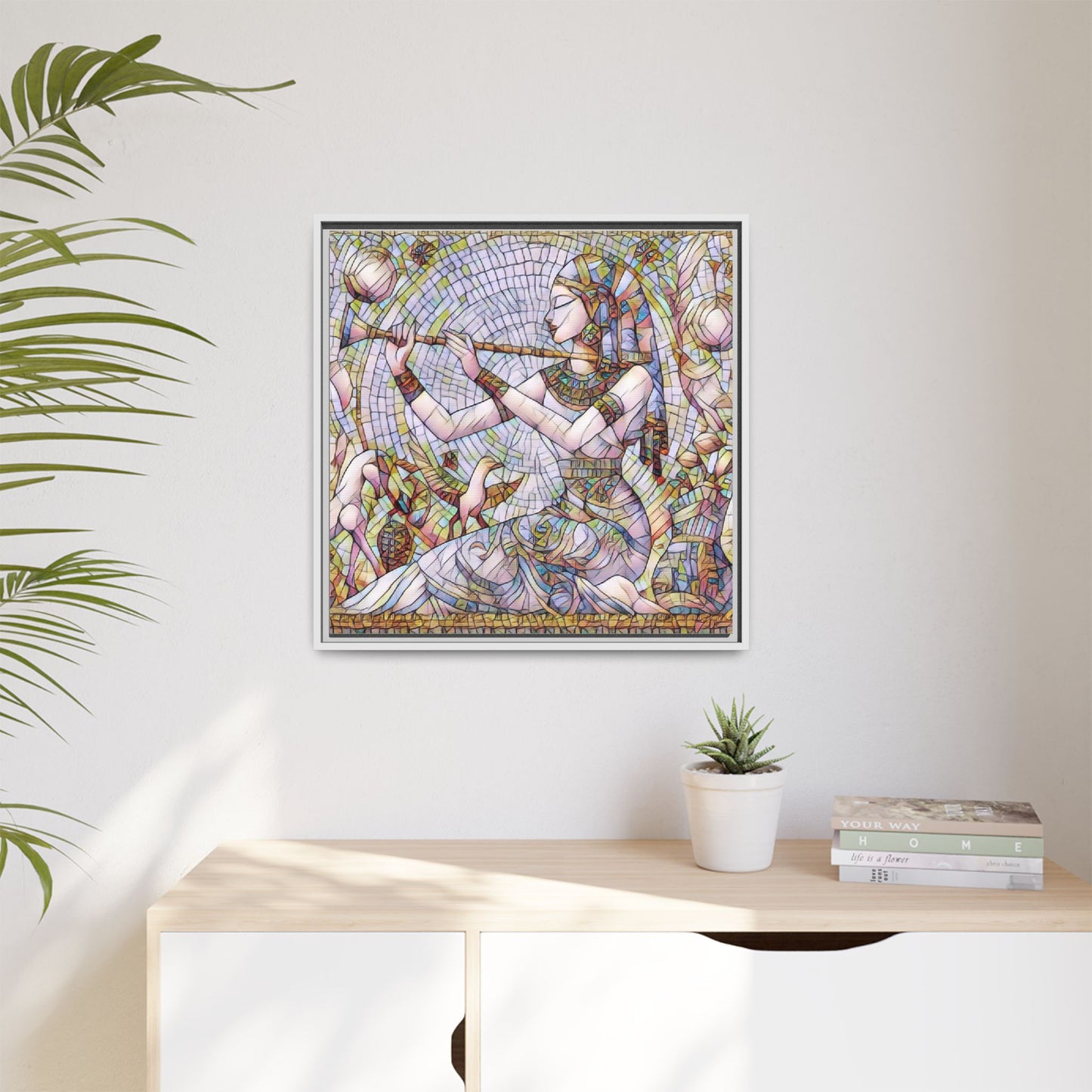 Egyptian Flute Player Framed Canvas Art — Colorful Mosaic Wall Decor