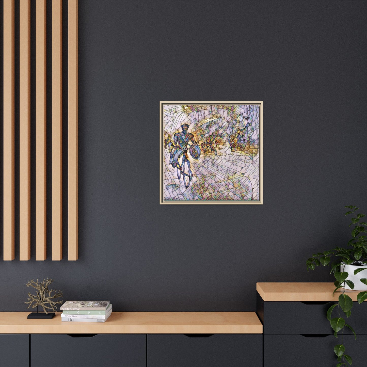 Cyclist Mosaic Matte Canvas Framed Wall Art — Colorful Biking Scene