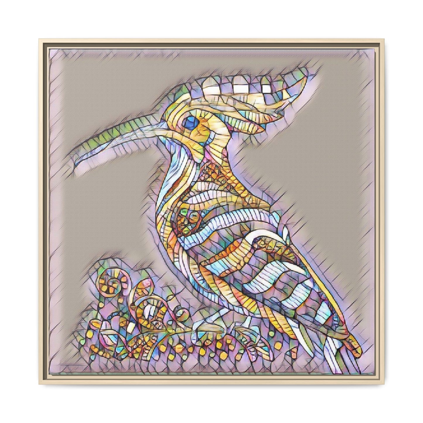 Colorful Mosaic Bird Framed Canvas Art — Whimsical Hoopoe Wall Decor