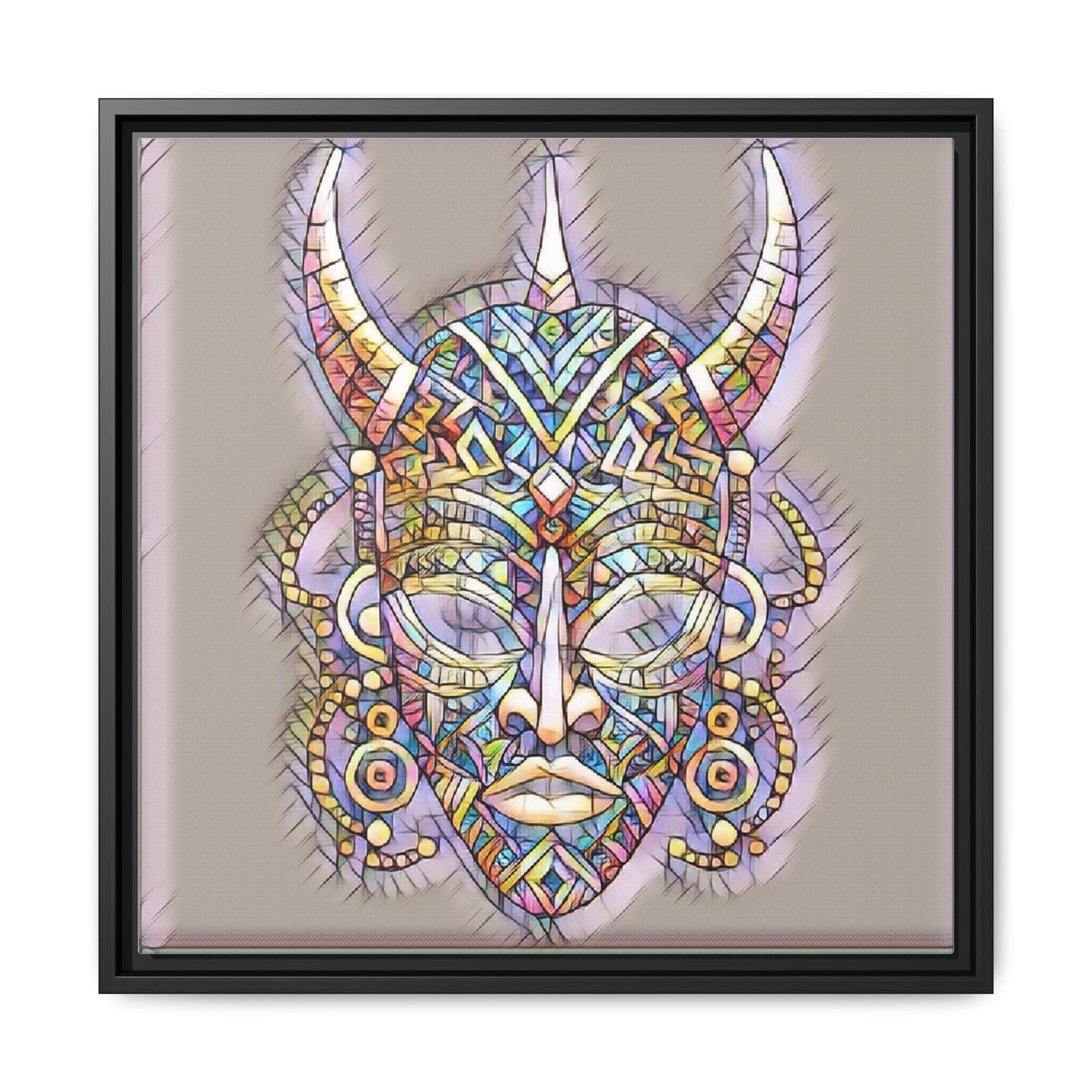 Colorful Tribal Mask Framed Canvas Art — Abstract Ethnic Wall Decor