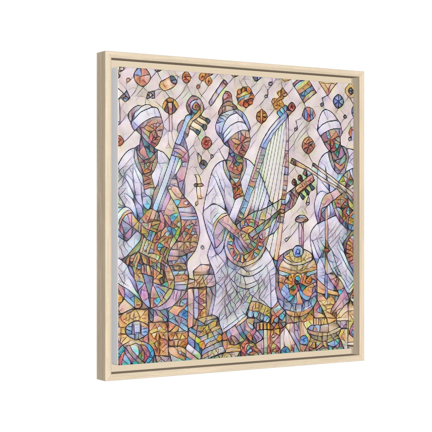 Framed Matte Canvas Print — Colorful African Musicians Stained-Glass Art