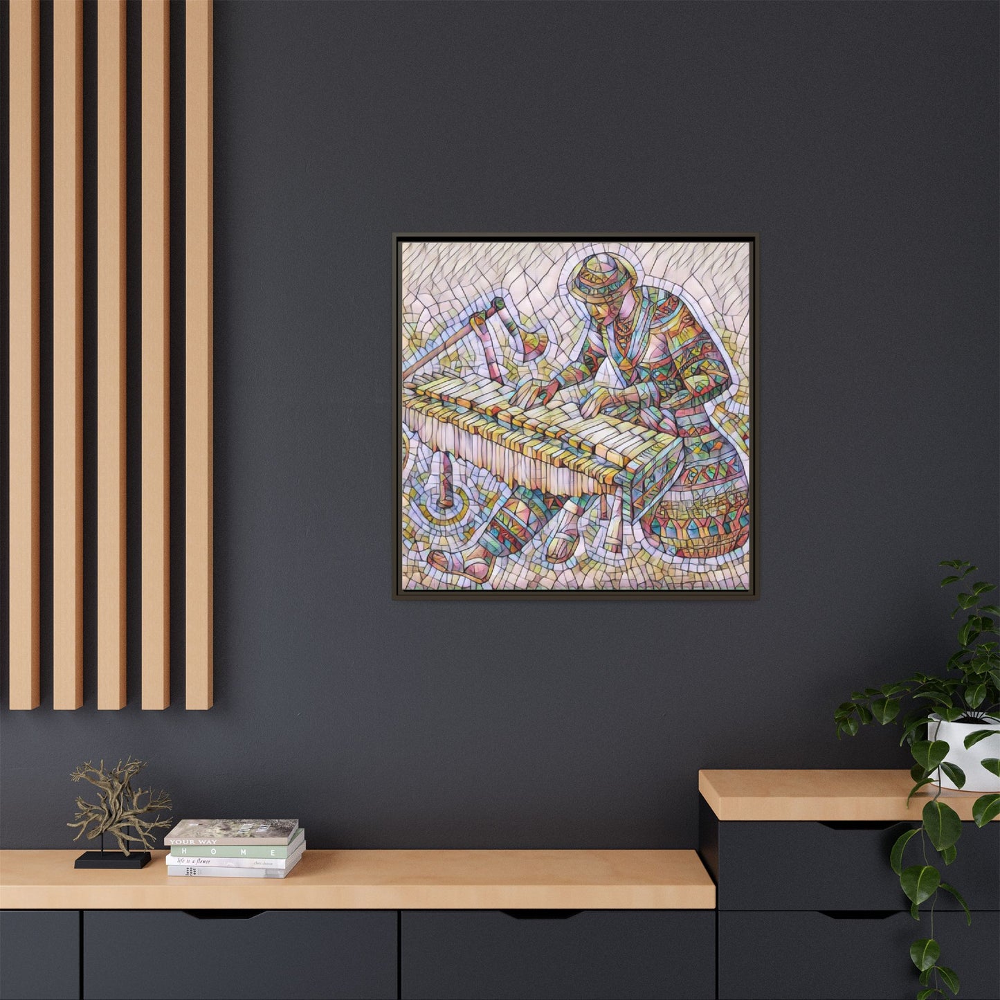 Framed Canvas Art - Colorful Mosaic Vibraphone Musician Print