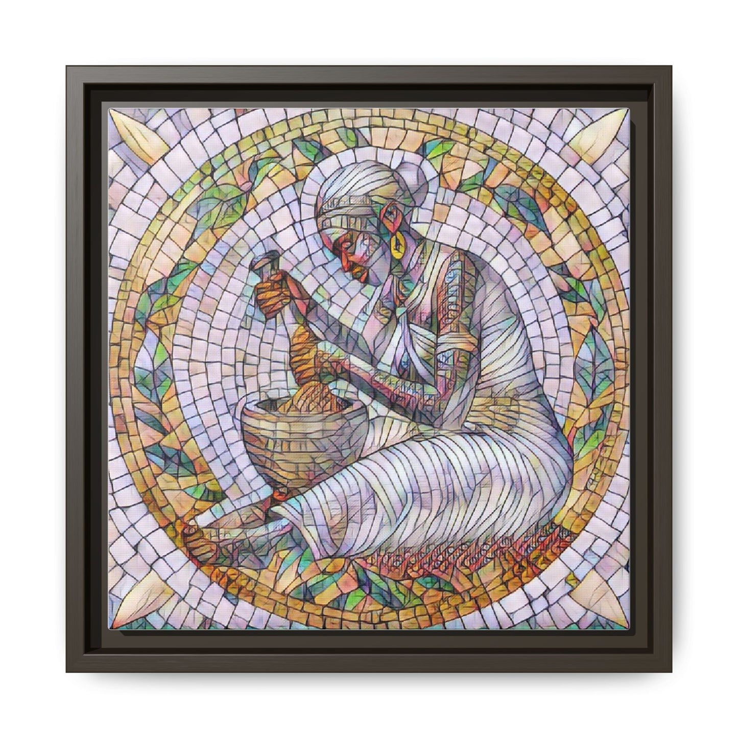 Framed Mosaic Art Print — Woman Grinding Grain (Matte Canvas)