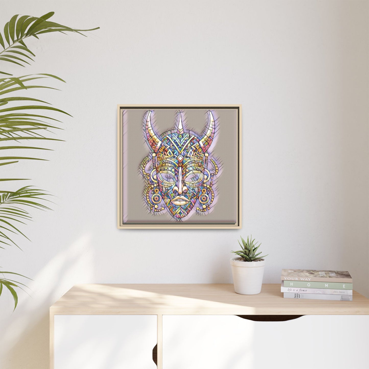 Colorful Tribal Mask Framed Canvas Art — Abstract Ethnic Wall Decor