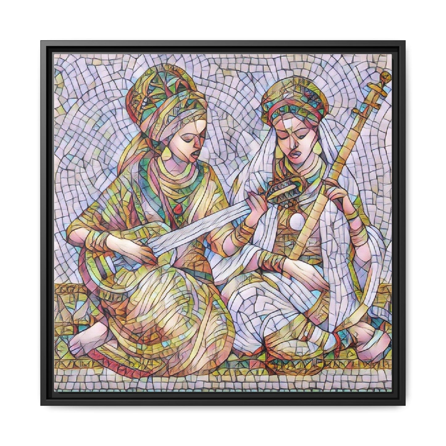 Framed Mosaic Art Print — Two Women Playing Lutes (Matte Canvas)