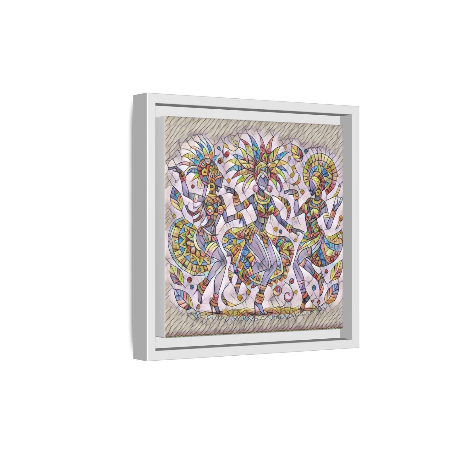 Colorful Carnival Dancers Framed Canvas Art — Multicolor Tribal Celebration Print