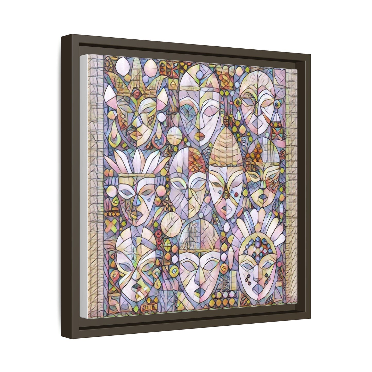Framed Abstract Mask Art Canvas — Multicolor Stained-Glass Faces Wall Decor