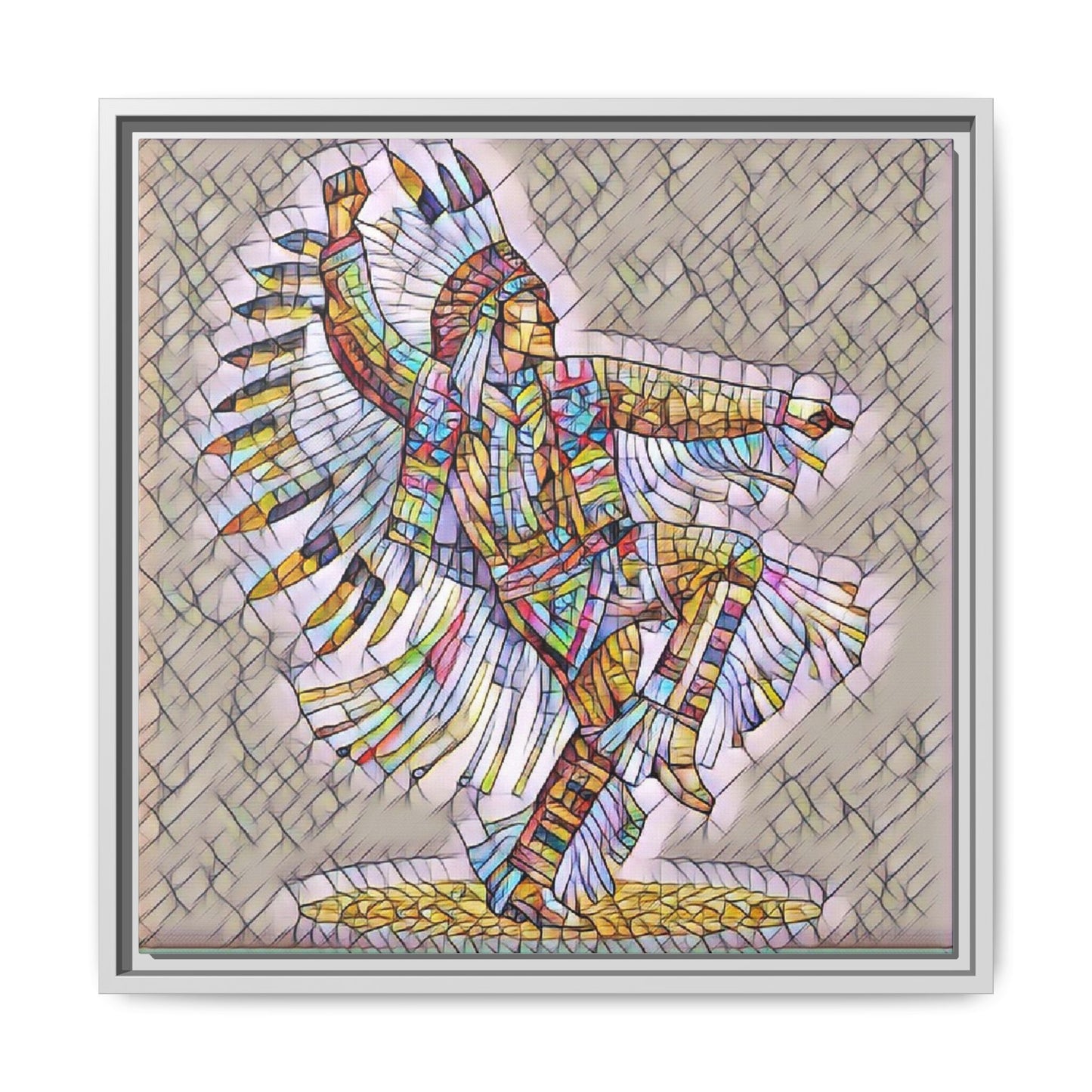 Colorful Native Dancer Framed Canvas Art — Stained Glass Style Wall Decor