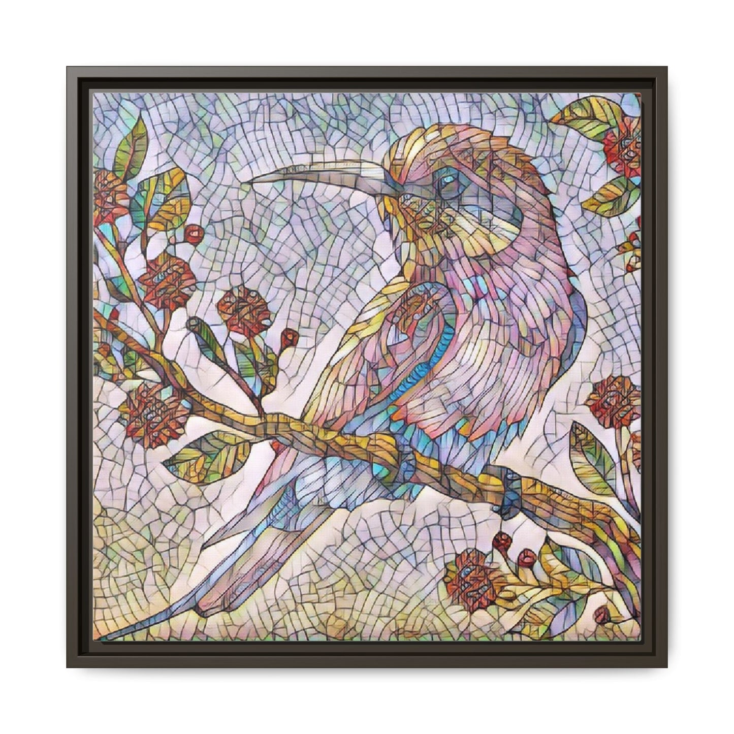 Framed Mosaic Bird Art Print — Colorful Kookaburra Wall Canvas