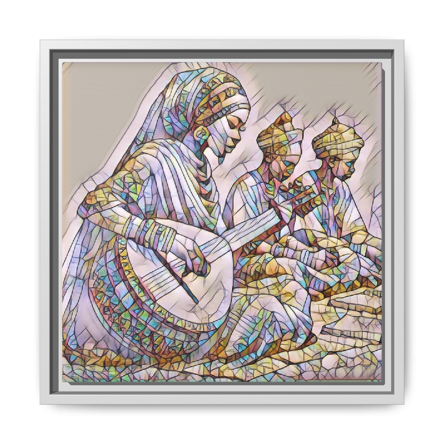 Framed Matte Canvas: Colorful Moroccan Musicians Wall Art