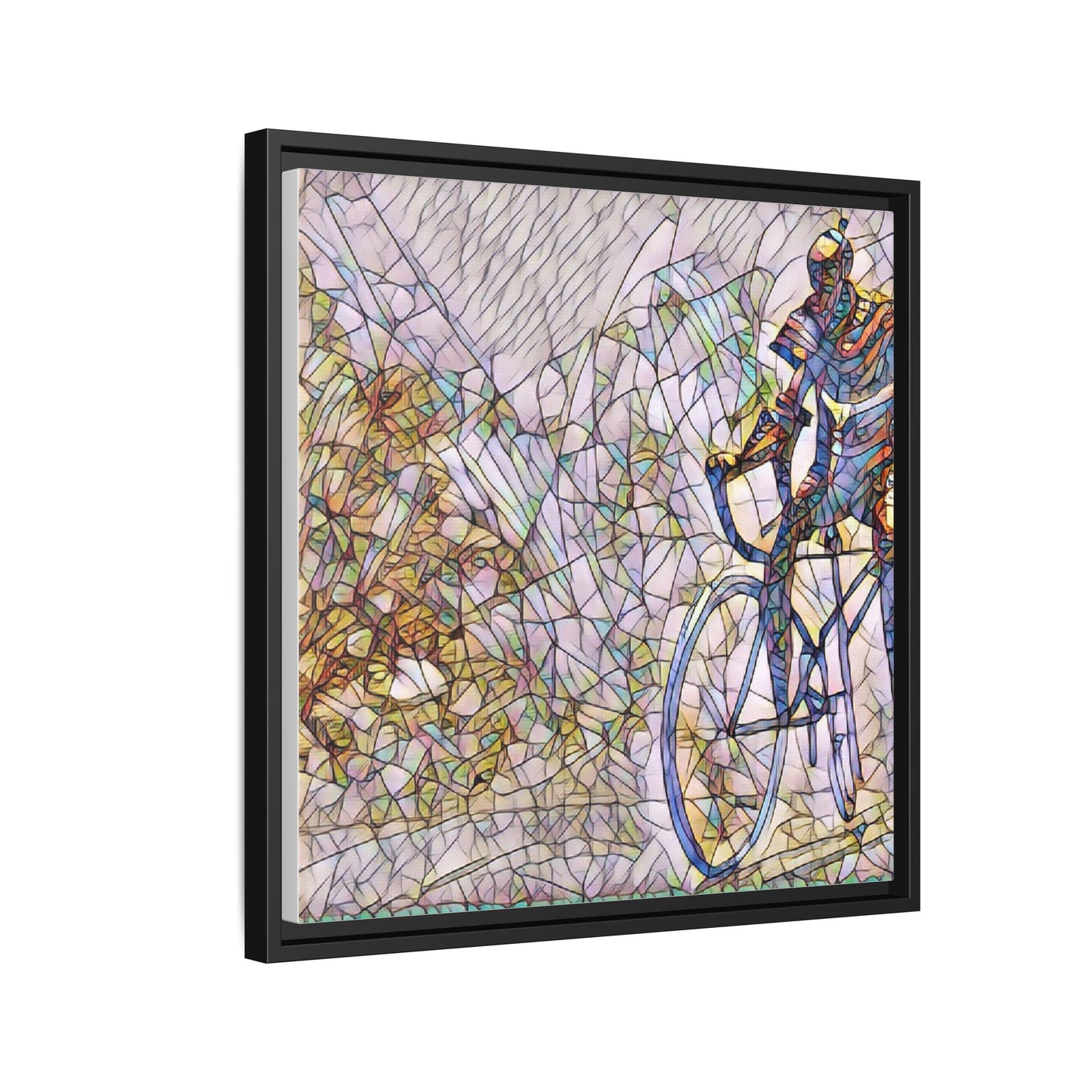 Colorful Cyclist Stained-Glass Art — Framed Matte Canvas