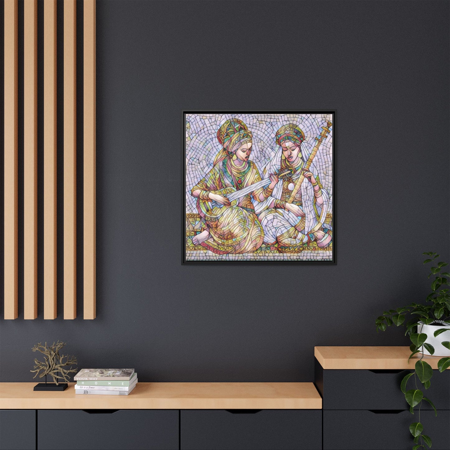 Framed Mosaic Art Print — Two Women Playing Lutes (Matte Canvas)