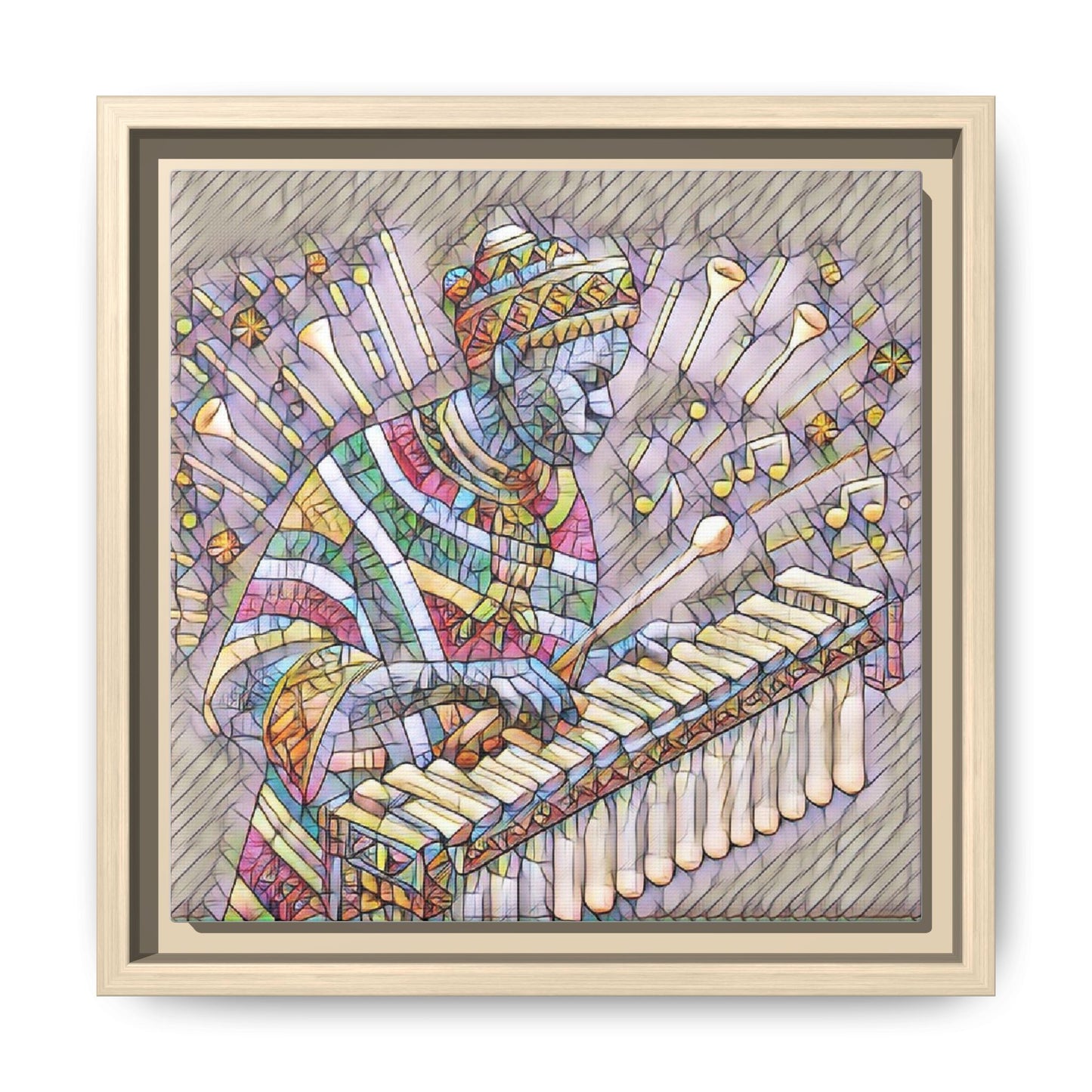 Colorful Marimba Musician Matte Framed Canvas — Vibrant African Instrument Wall Art