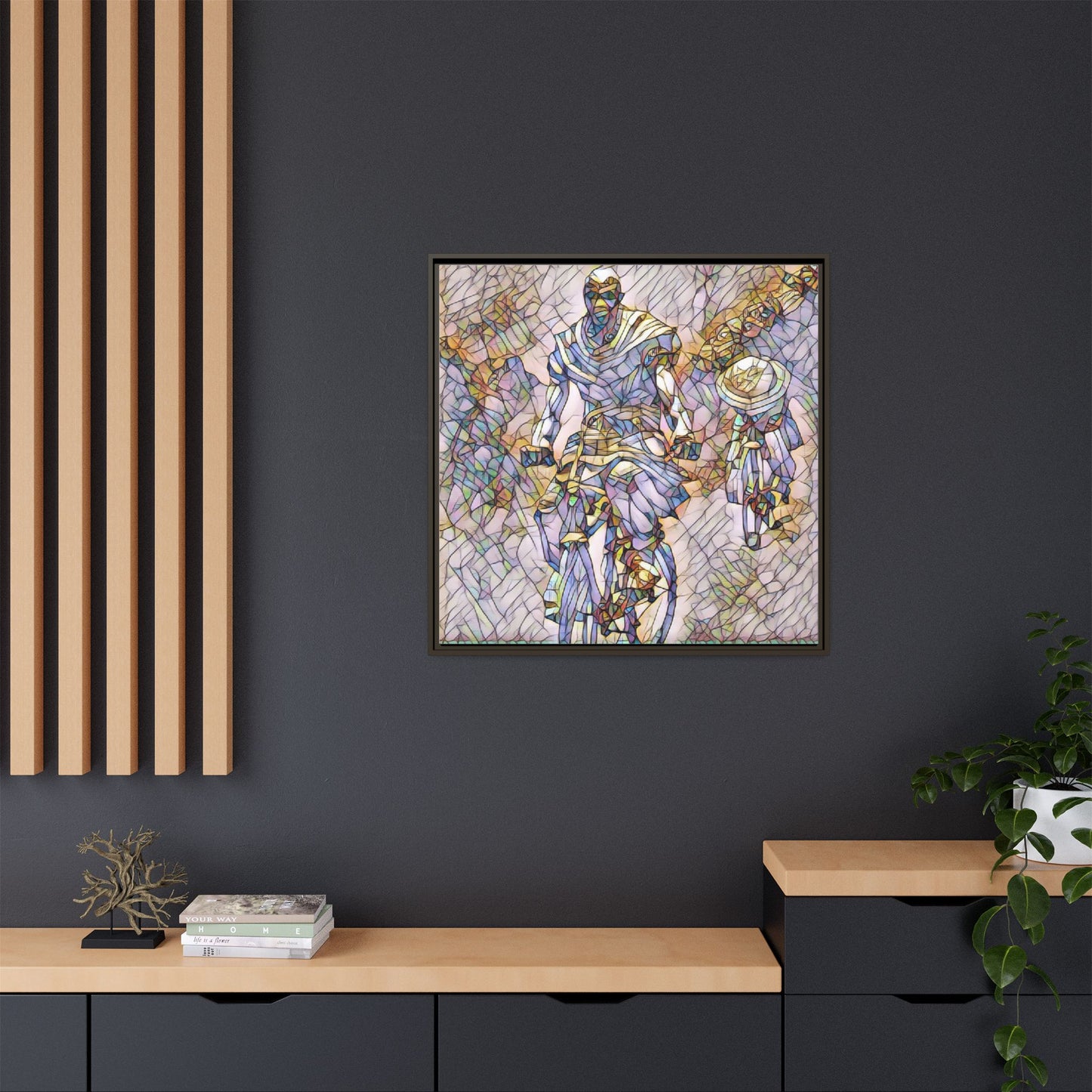 Framed Matte Canvas — Abstract Cyclist Artwork (Multi‑Color)