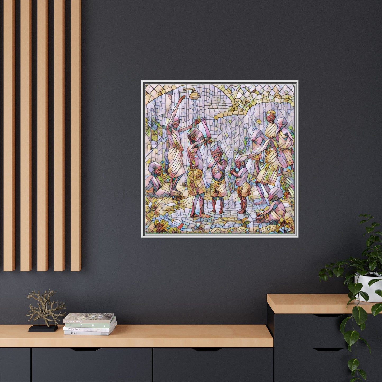 Framed Matte Canvas – Colorful Mosaic Children Playing Wall Art