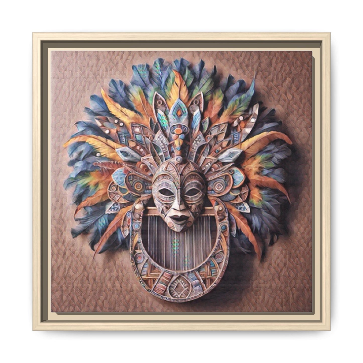 Tribal Feather Mask Framed Canvas Wall Art — Colorful Boho Decorative Print