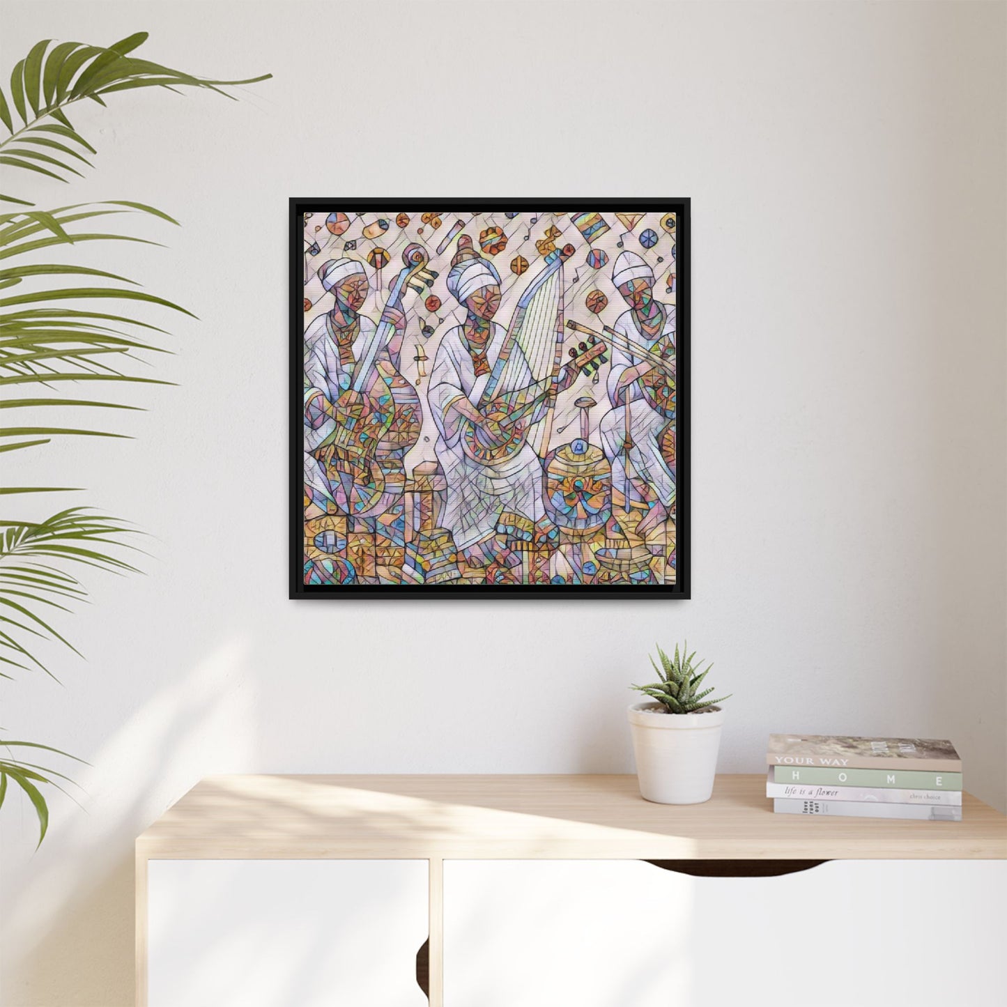 Framed Matte Canvas Print — Colorful African Musicians Stained-Glass Art