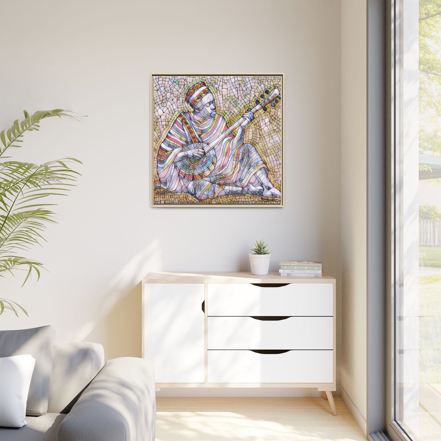 Framed Mosaic Musician Canvas – Colorful Bohemian Wall Art