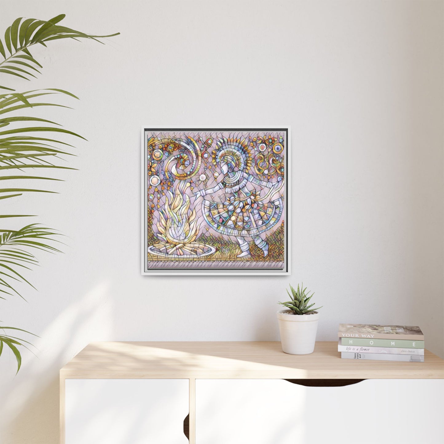 Bohemian Fire Dancer Framed Canvas Art — Colorful Folk Mosaic Wall Decor