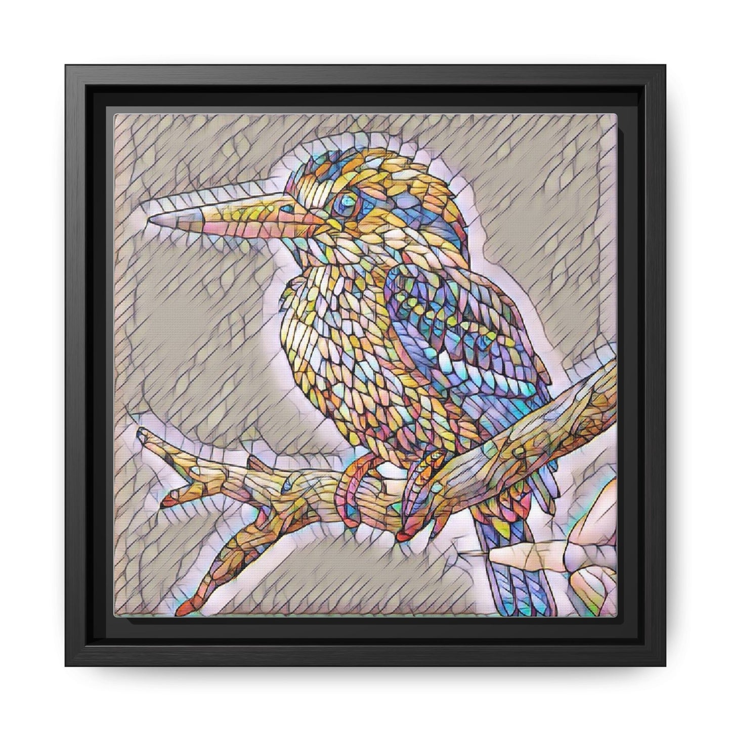 Colorful Kingfisher Framed Canvas Wall Art — Stained-Glass Style Bird Print