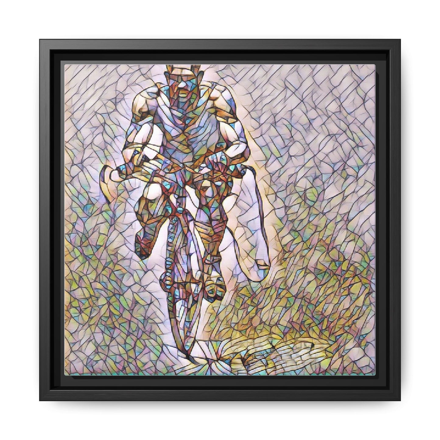 Cyclist Art Print — Framed Matte Canvas Wall Art (Multicolor Stained-Glass Style)