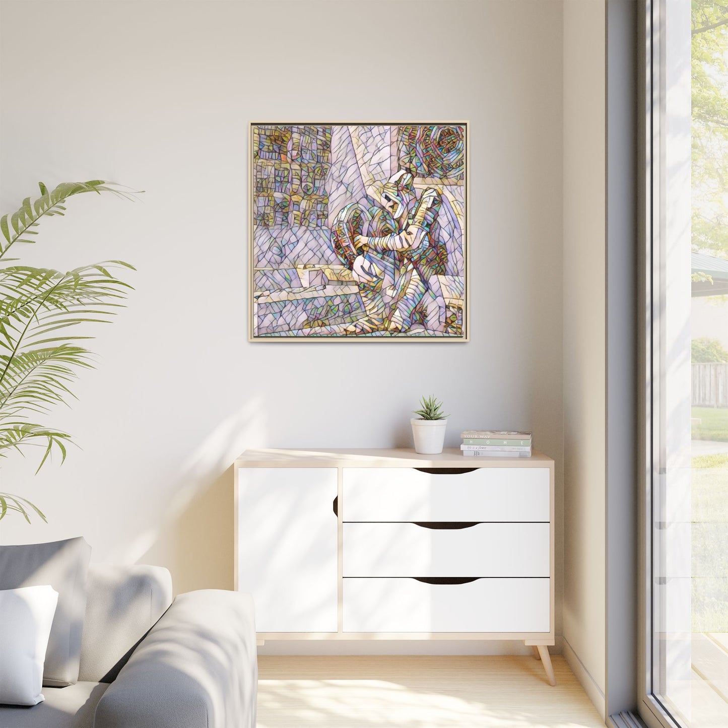 Framed Matte Canvas Art — Colorful Stained-Glass Astronaut Embrace