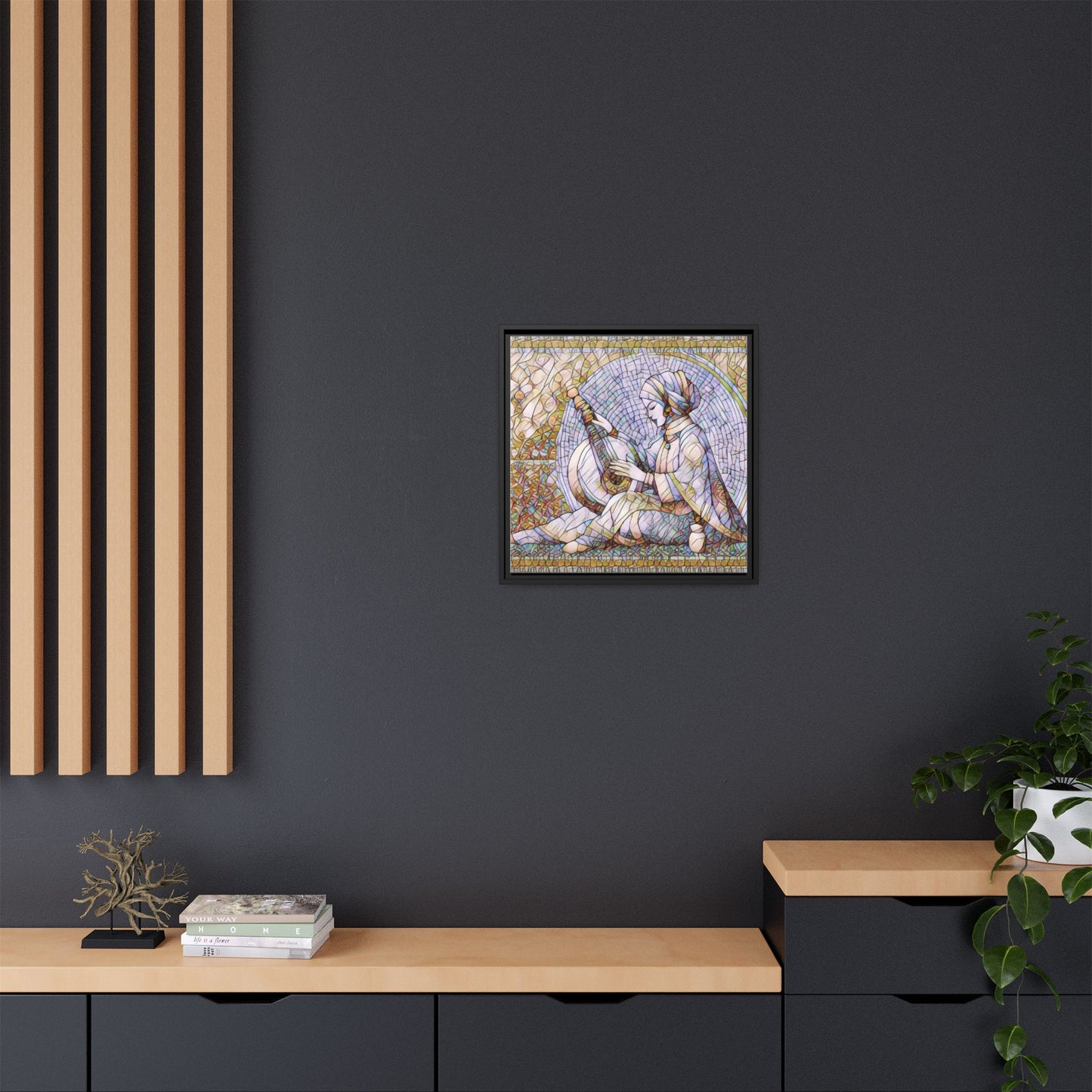 Framed Matte Canvas: Mosaic Lute Player Wall Art — Bohemian Musical Portrait