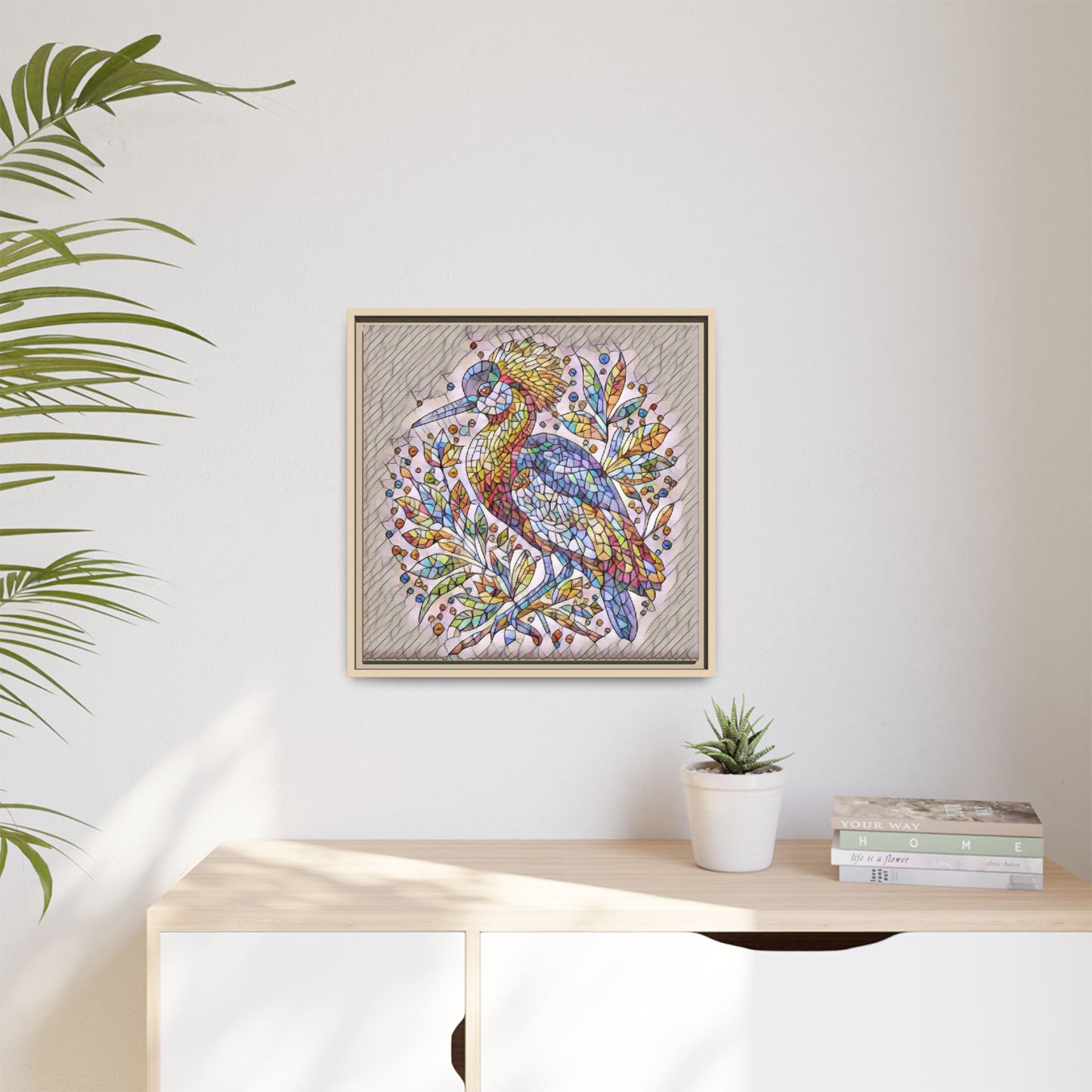 Colorful Stained-Glass Heron — Framed Matte Canvas Wall Art