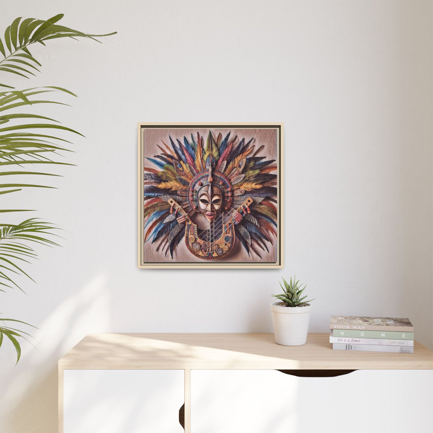 Tribal Feather Mask Guitar Framed Canvas Art — Colorful Boho Wall Decor