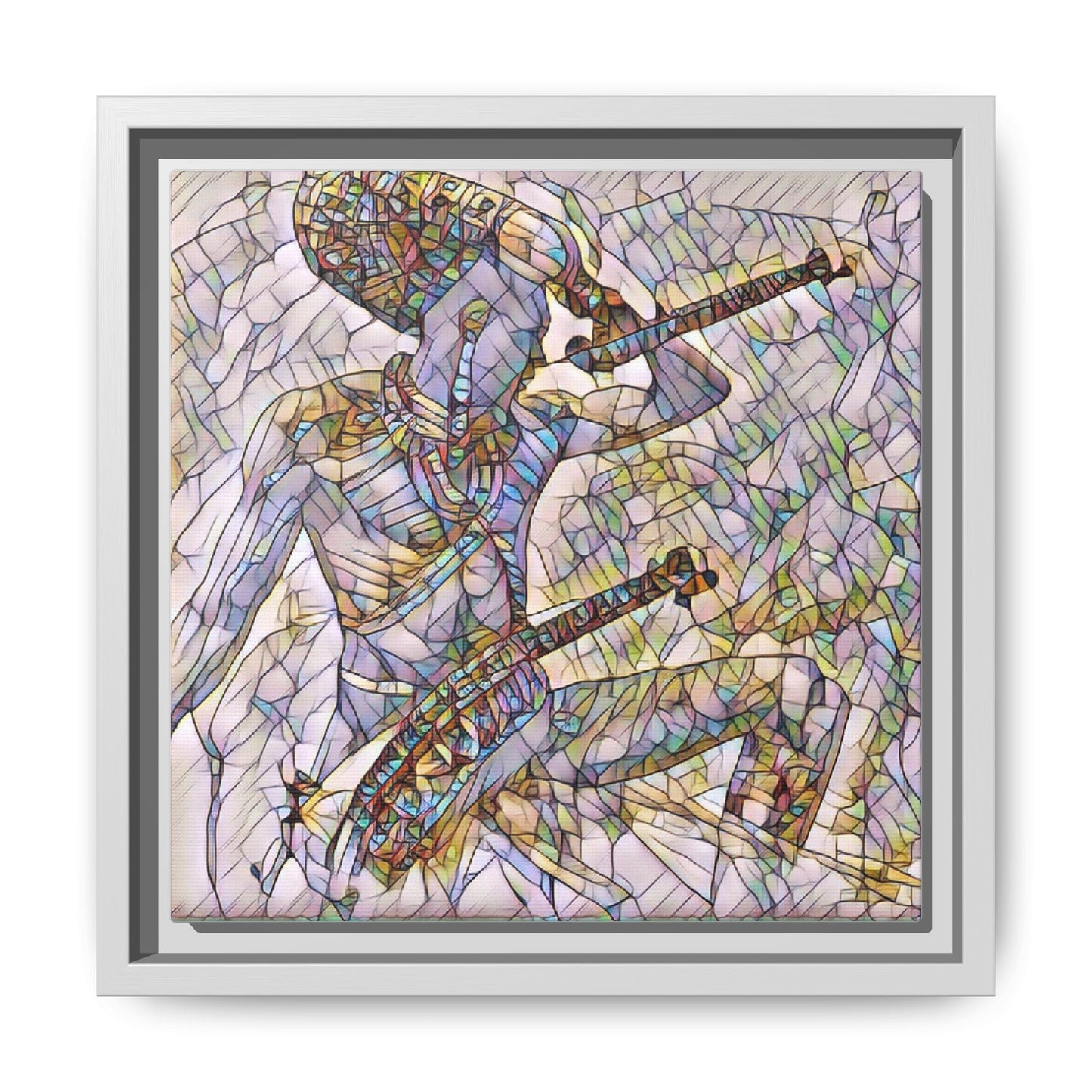 Stained Glass Blue Musician — Framed Matte Canvas Art