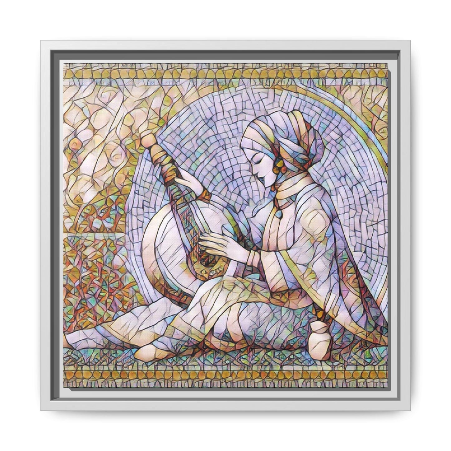 Framed Matte Canvas: Mosaic Lute Player Wall Art — Bohemian Musical Portrait
