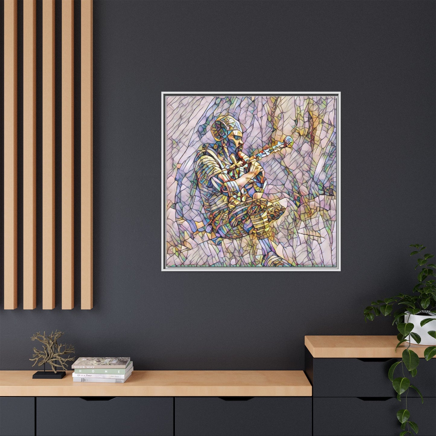 Celtic Piper Framed Matte Canvas — Stained-Glass Style Highland Bagpiper Art