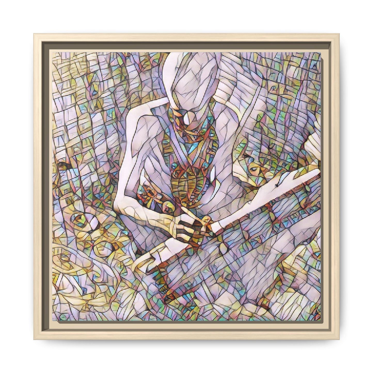 Abstract Fantasy Warrior Matte Framed Canvas — Colorful Stained-Glass Style Art
