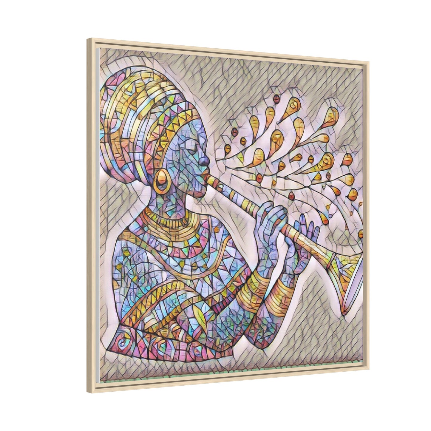 Framed Matte Canvas Art – Colorful African Musician Trumpet Print