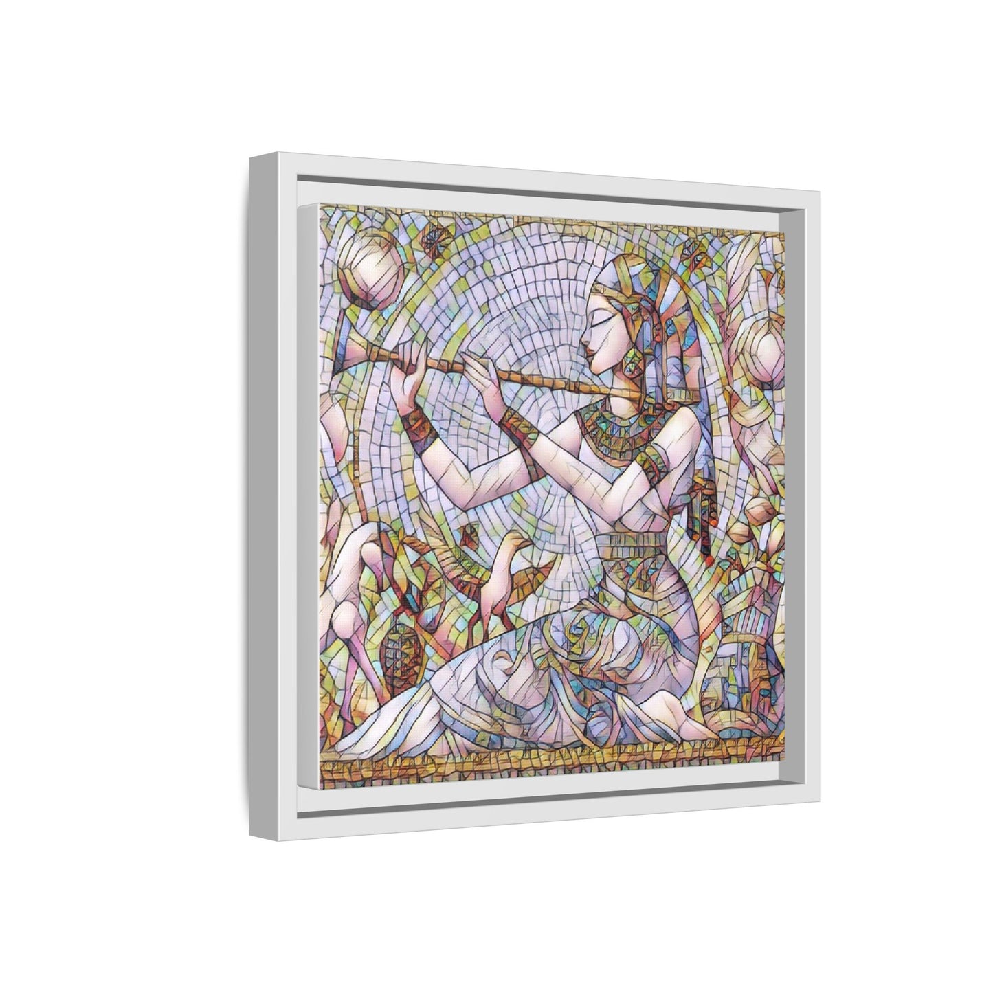 Egyptian Flute Player Framed Canvas Art — Colorful Mosaic Wall Decor