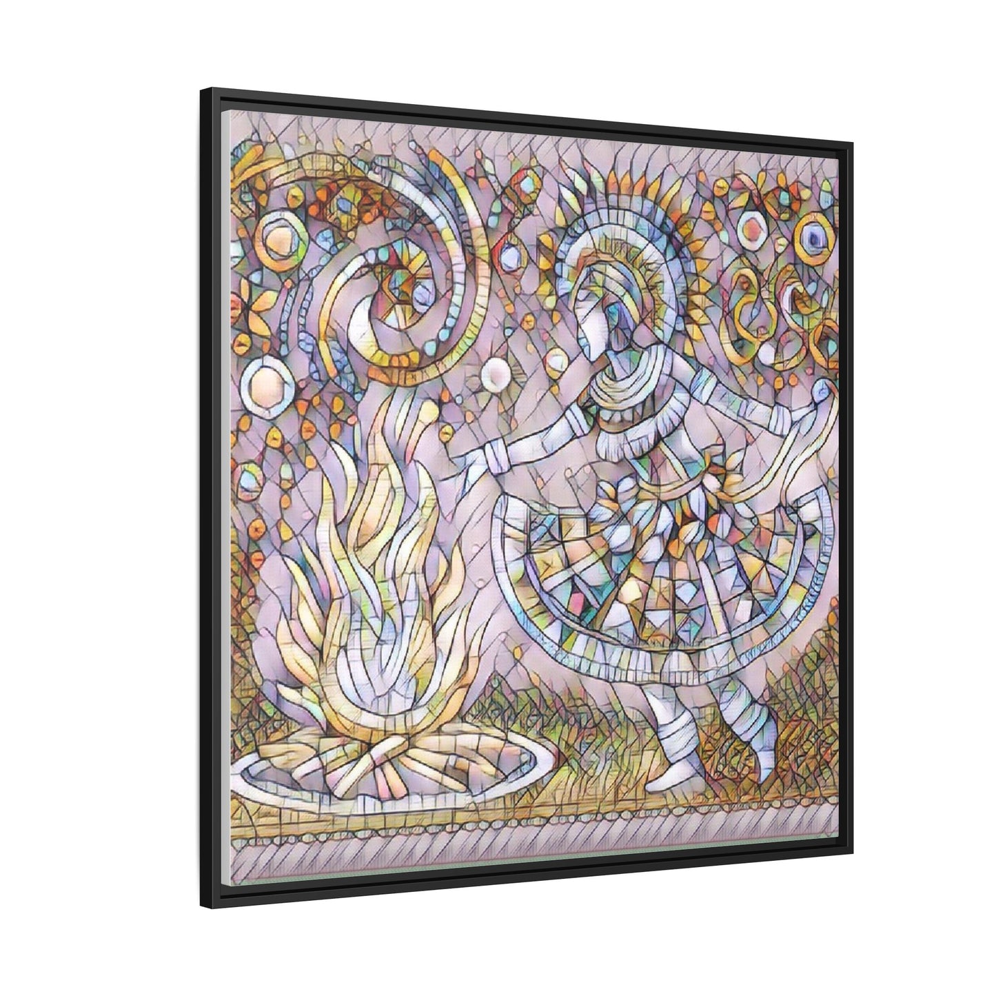Bohemian Fire Dancer Framed Canvas Art — Colorful Folk Mosaic Wall Decor