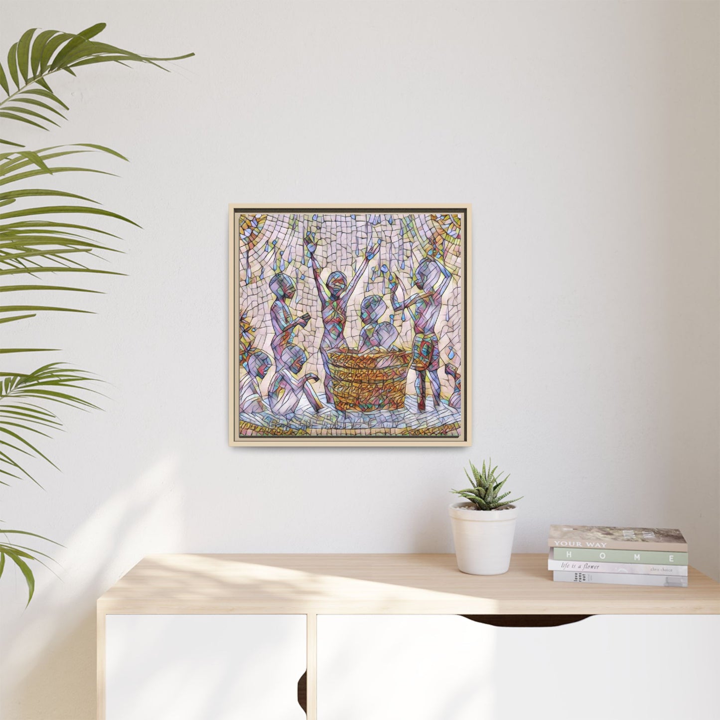 Framed Matte Canvas Art — Children Playing Mosaic Illustration