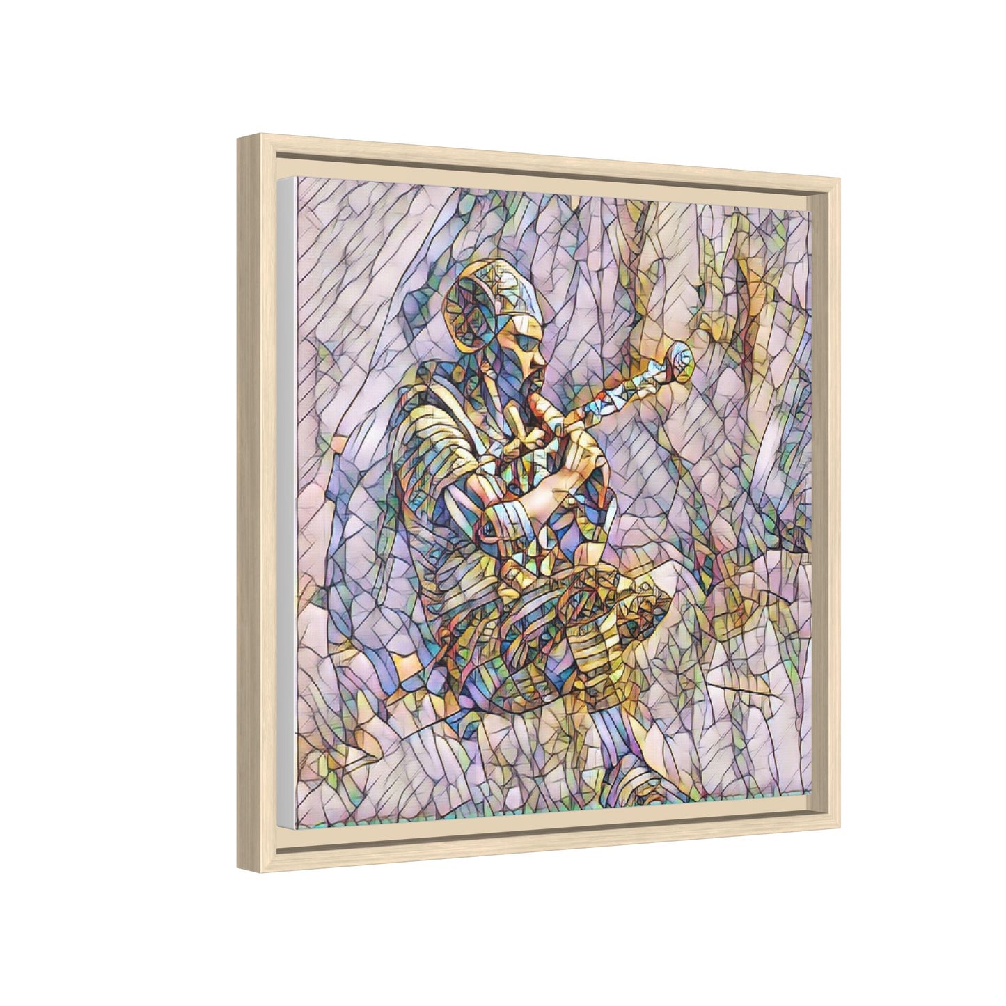 Celtic Piper Framed Matte Canvas — Stained-Glass Style Highland Bagpiper Art