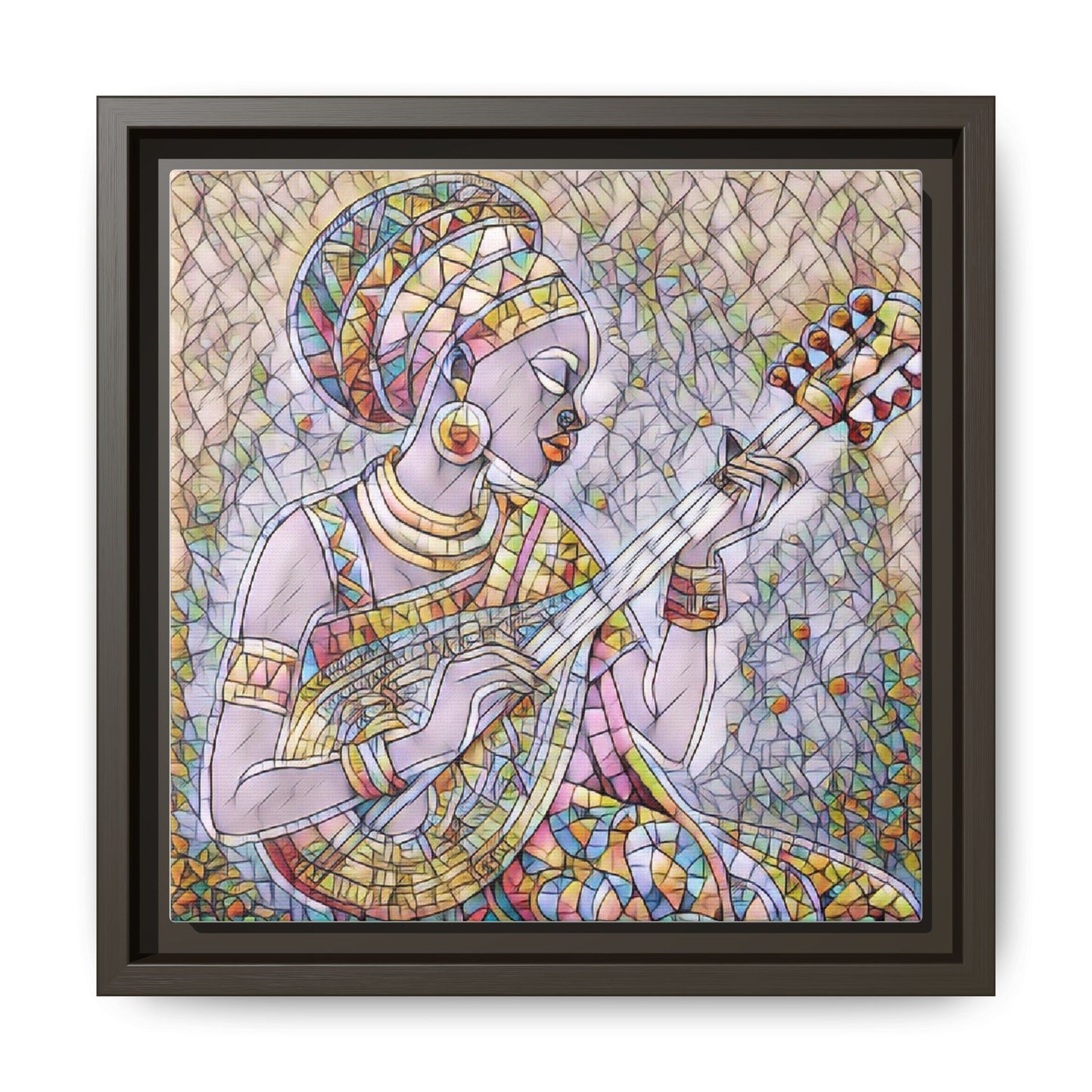 Framed Canvas Art — Colorful African Woman Playing Lute (Matte Multi‑Color)