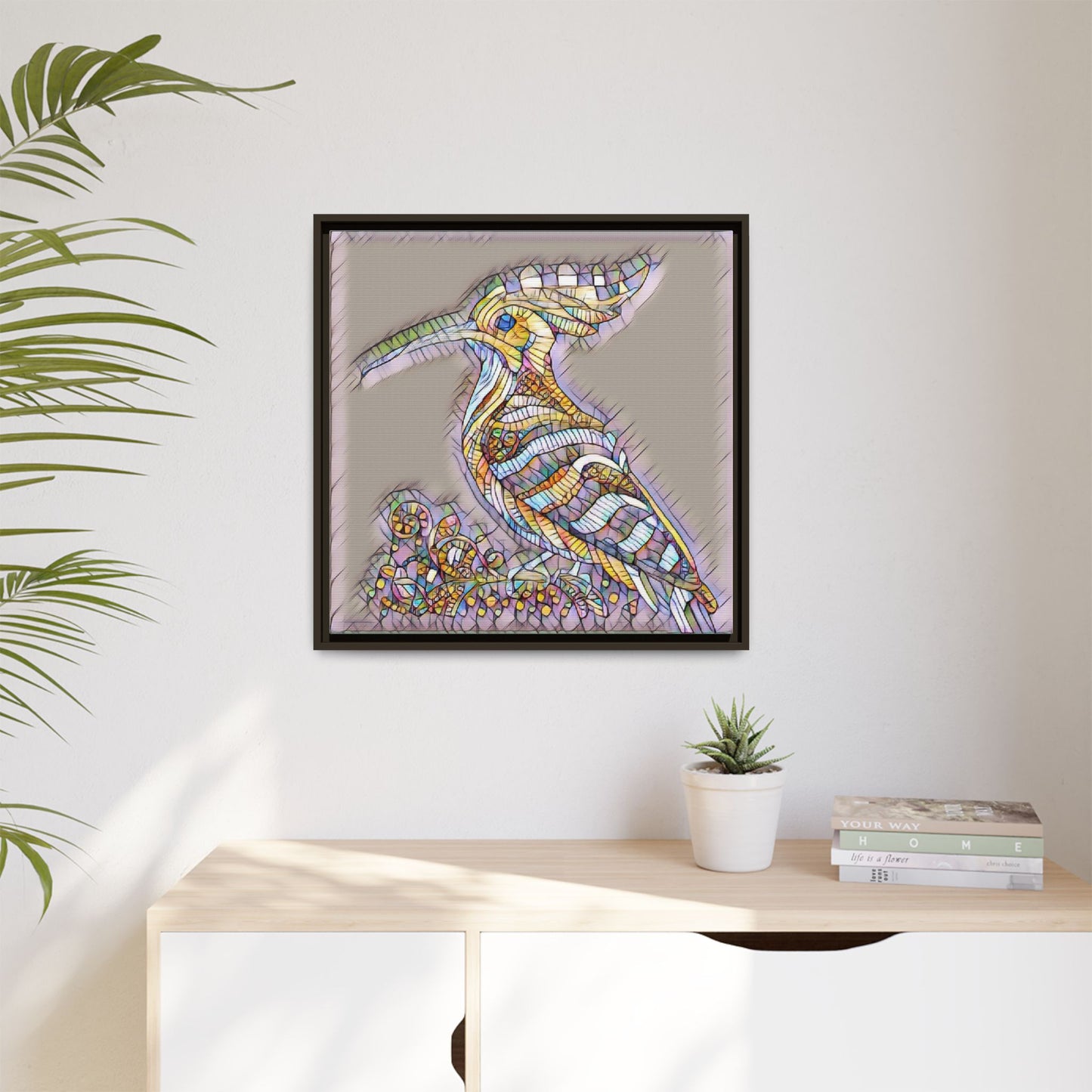 Colorful Mosaic Bird Framed Canvas Art — Whimsical Hoopoe Wall Decor