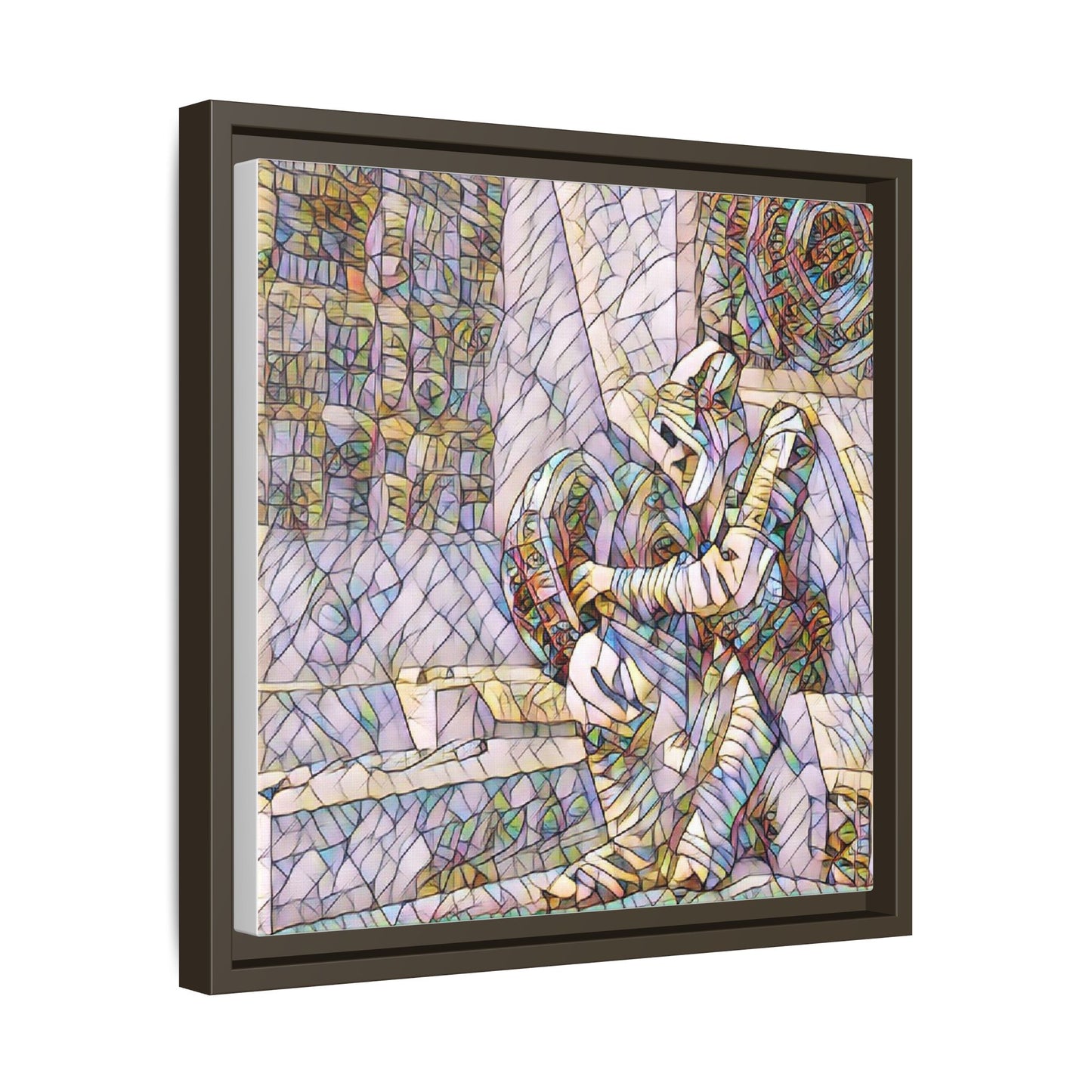 Framed Matte Canvas Art — Colorful Stained-Glass Astronaut Embrace