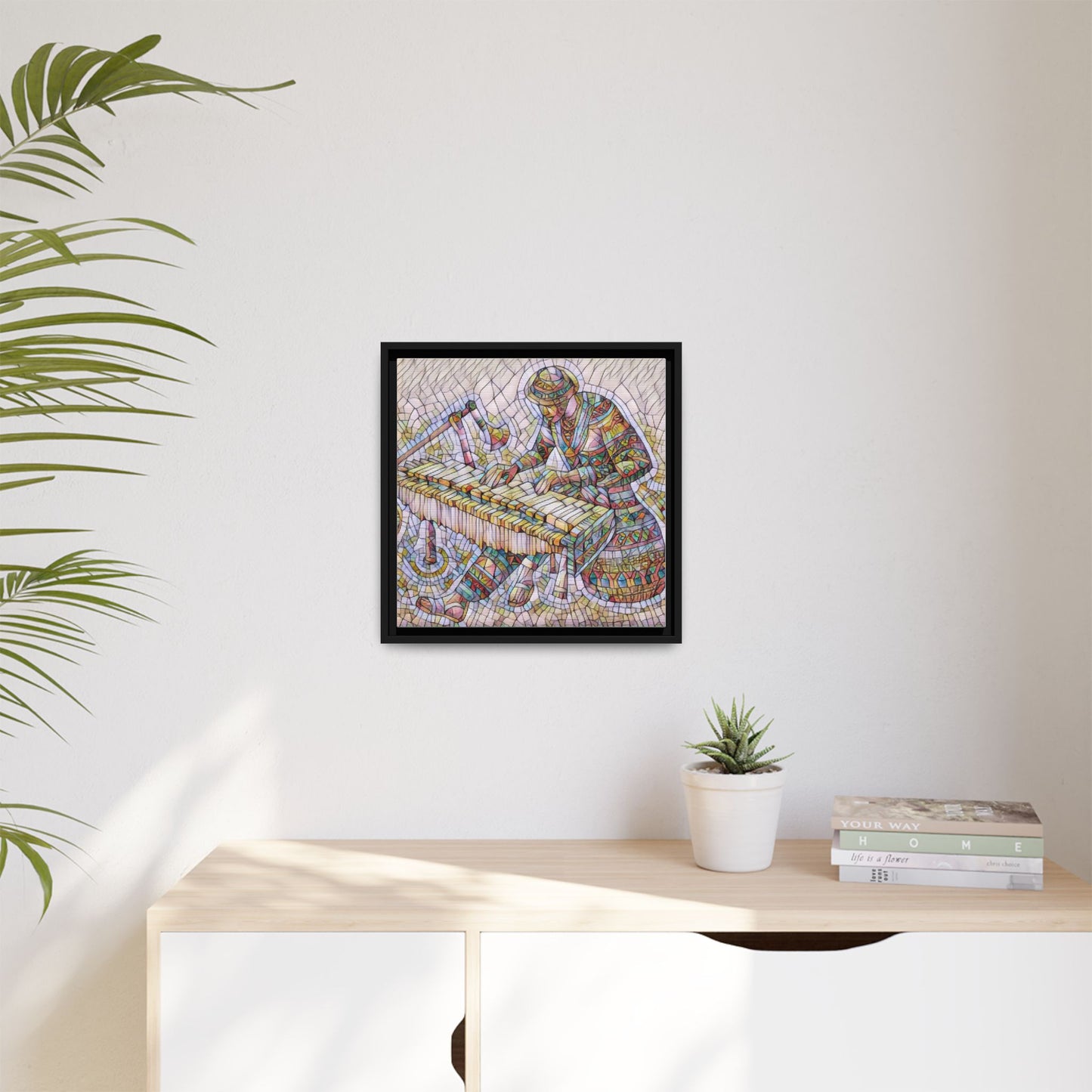 Framed Canvas Art - Colorful Mosaic Vibraphone Musician Print