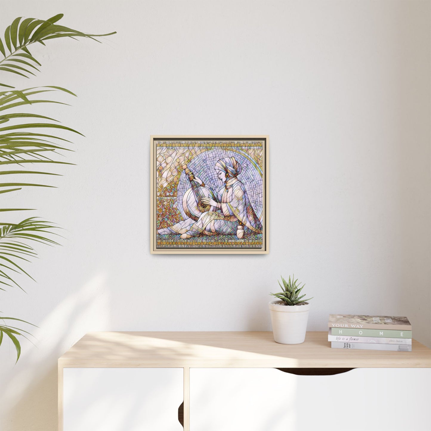 Framed Matte Canvas: Mosaic Lute Player Wall Art — Bohemian Musical Portrait