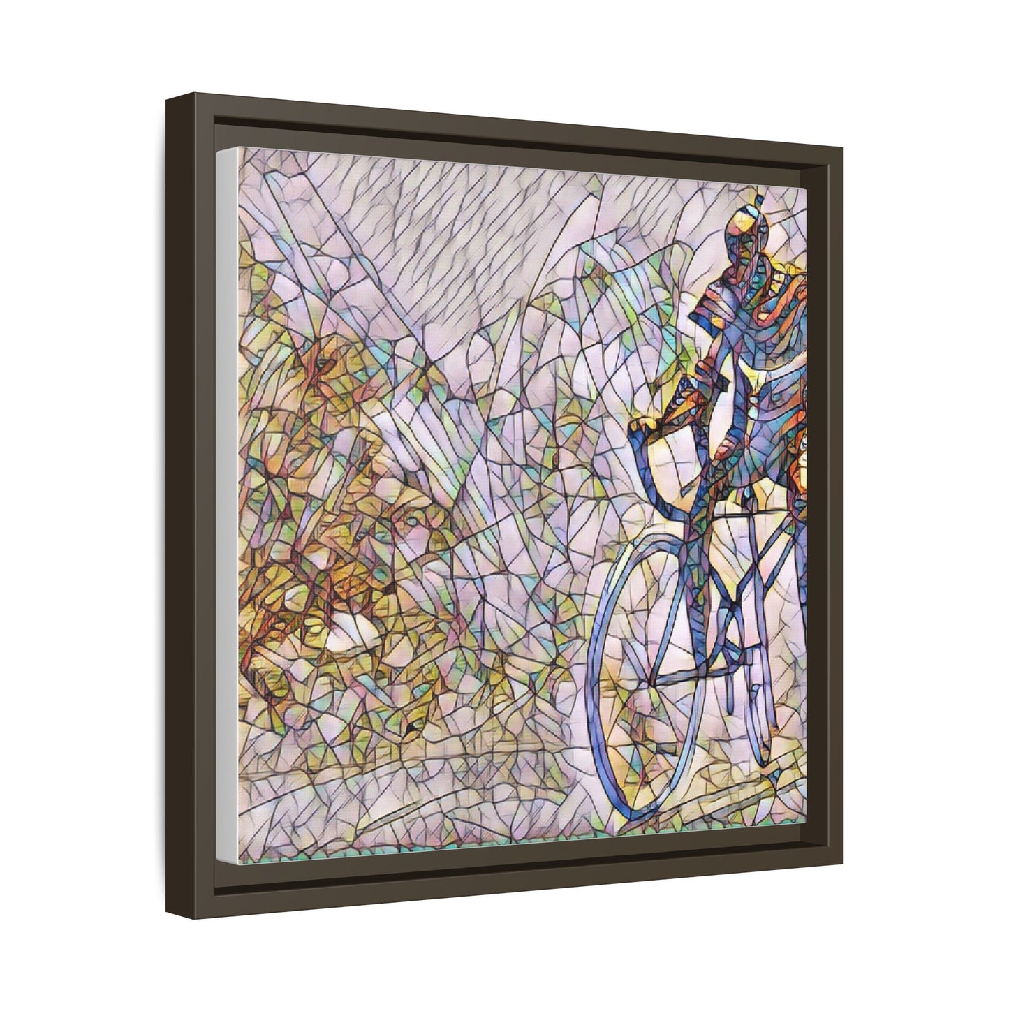 Colorful Cyclist Stained-Glass Art — Framed Matte Canvas