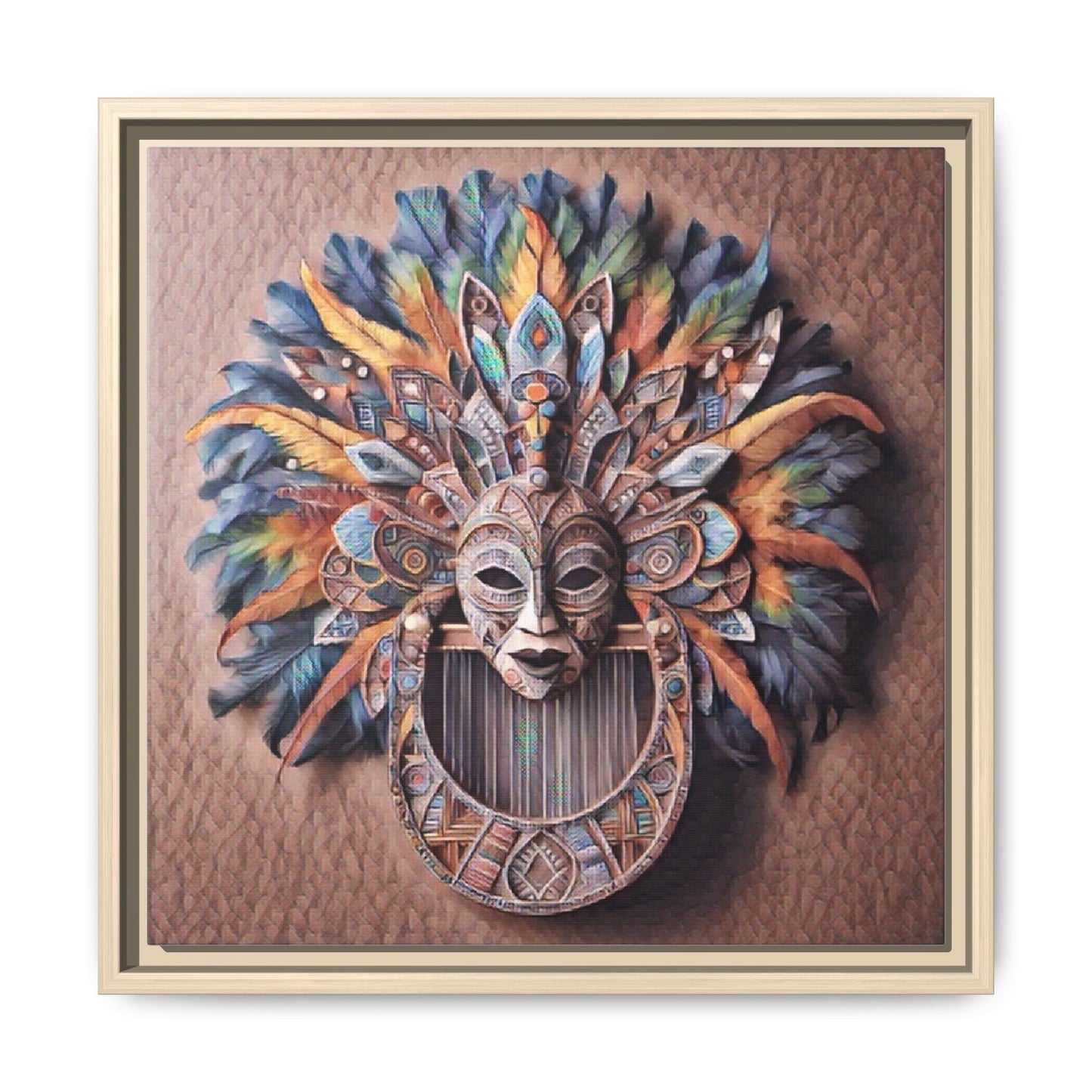 Tribal Feather Mask Framed Canvas Wall Art — Colorful Boho Decorative Print